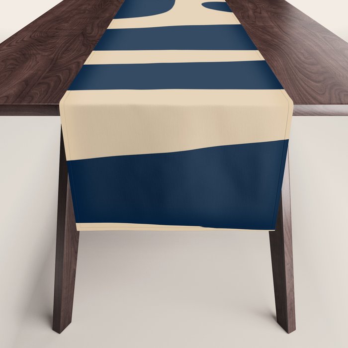Mid Century Modern Abstract Kwaito Pattern Beige and Navy Blue Table Runner Gallery Image 1