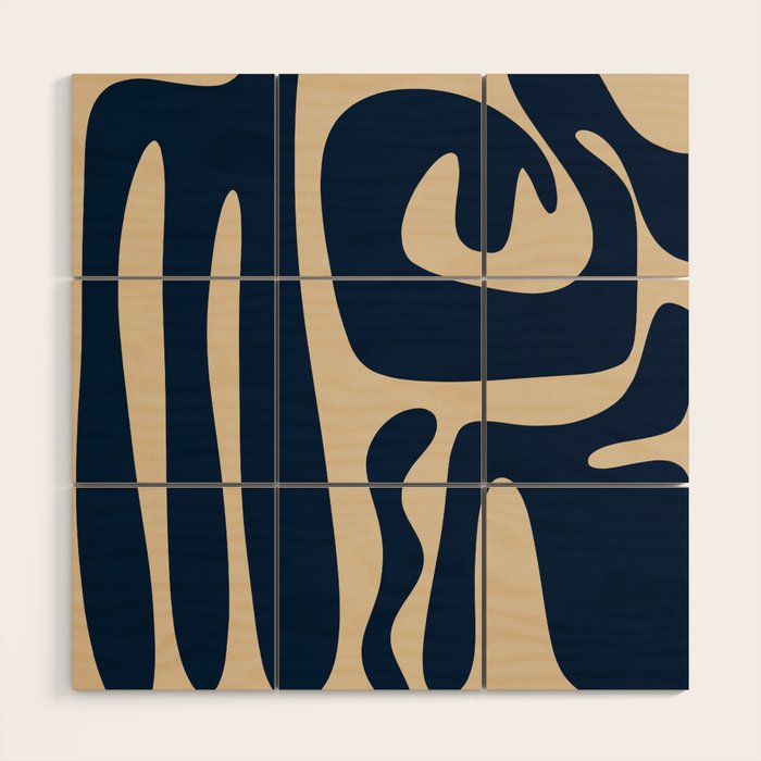 Mid Century Modern Abstract Kwaito Pattern Beige and Navy Blue Wood Wall Art Gallery Image 1