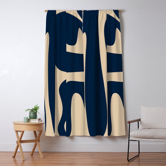 Mid Century Modern Abstract Kwaito Pattern Beige and Navy Blue Window Curtain Gallery Image 5
