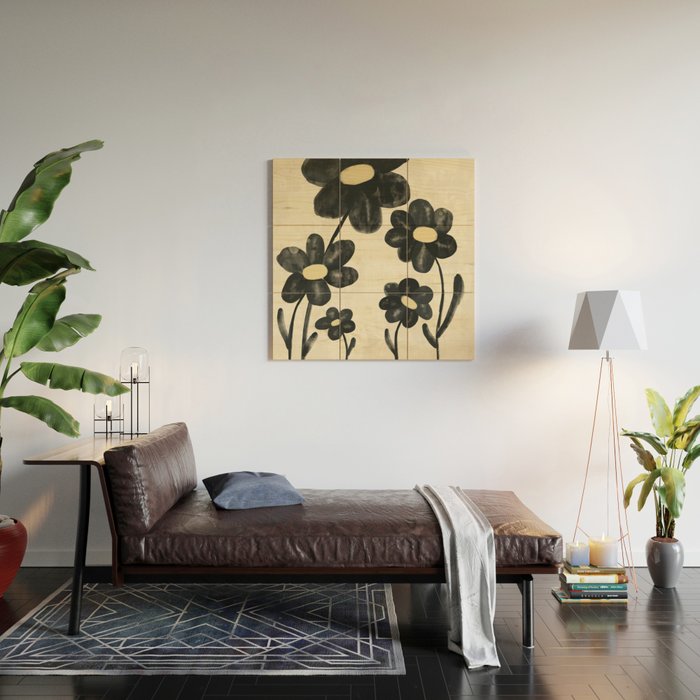 Minimalist Black Flowers Wood Wall Art Gallery Image 2
