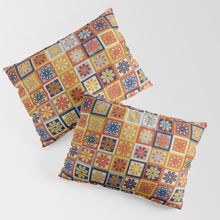 Retro Colorful Flower Checkerboard Pillow Sham Gallery Image 1