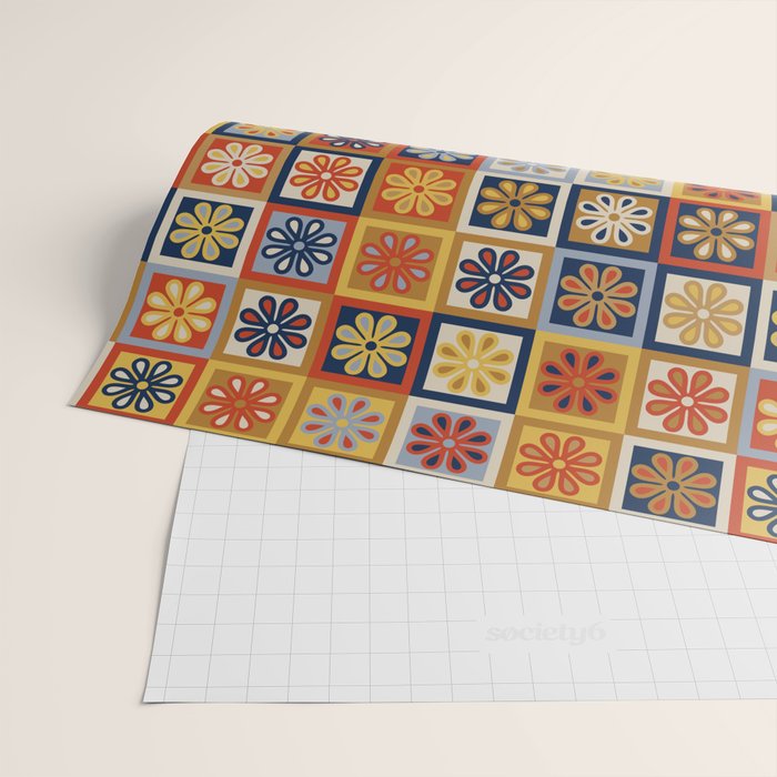 Retro Colorful Flower Checkerboard Wrapping Paper Gallery Image 2
