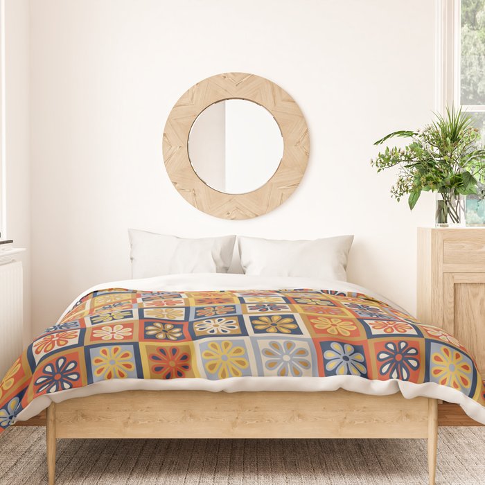 Retro Colorful Flower Checkerboard Duvet Cover Gallery Image 3