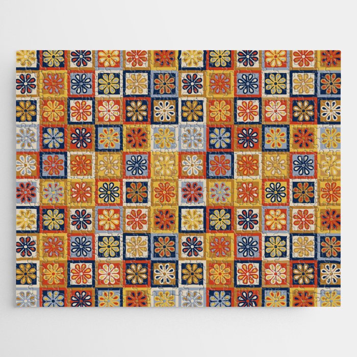 Retro Colorful Flower Checkerboard Jigsaw Puzzle Gallery Image 1
