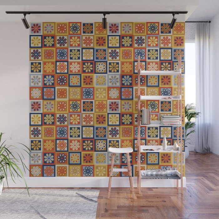 Retro Colorful Flower Checkerboard Wall Mural Gallery Image 1