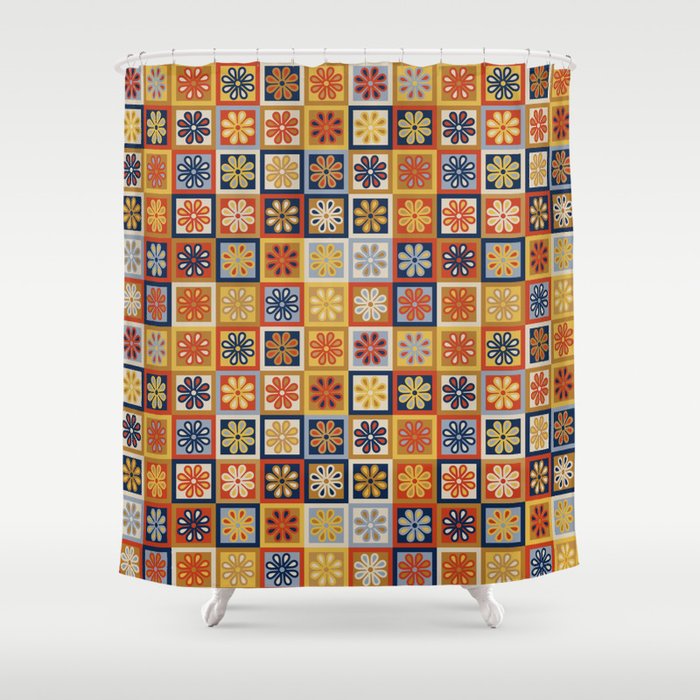 Retro Colorful Flower Checkerboard Shower Curtain Gallery Image 1