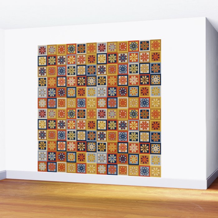 Retro Colorful Flower Checkerboard Wall Mural Gallery Image 2