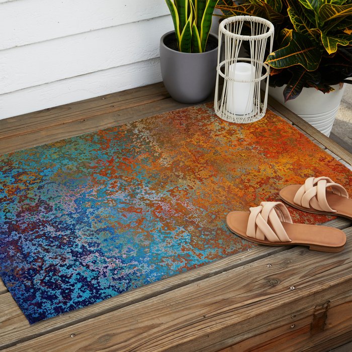 Vintage Rust, Terracotta and Blue Outdoor Rug Gallery Image 2