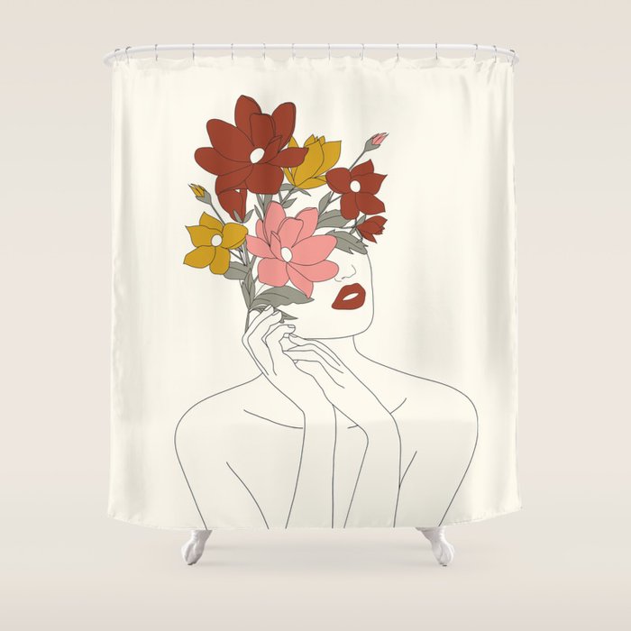 Colorful Thoughts Minimal Line Art Woman with Magnolia Shower Curtain Gallery Image 1
