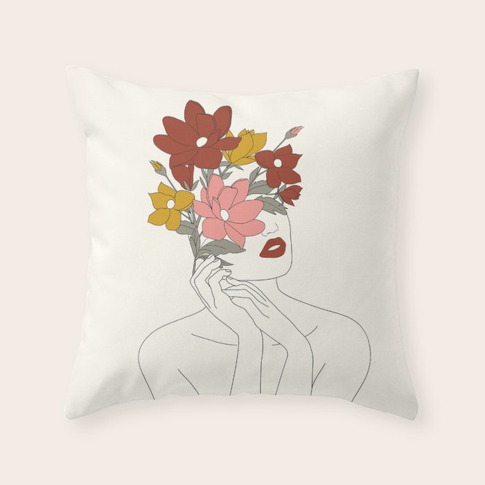 Colorful Thoughts Minimal Line Art Woman with Magnolia Throw Pillow Gallery Image 6