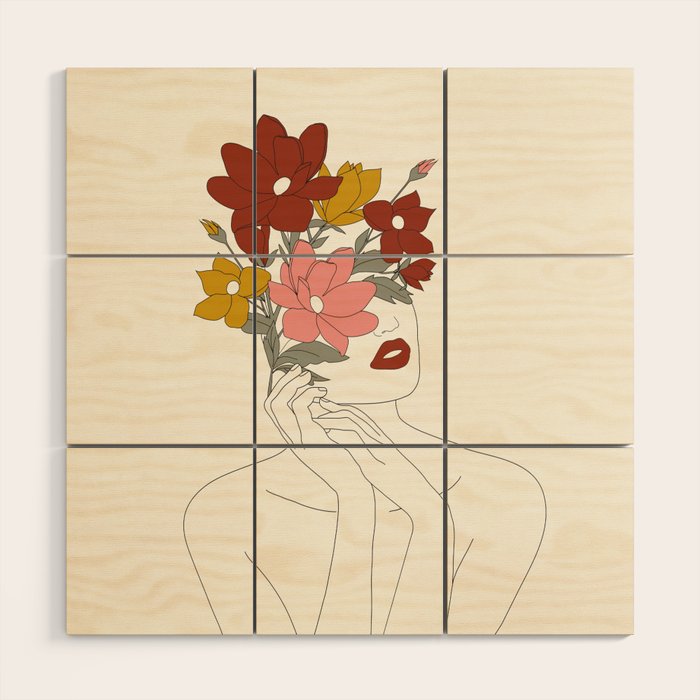Colorful Thoughts Minimal Line Art Woman with Magnolia Wood Wall Art Gallery Image 1