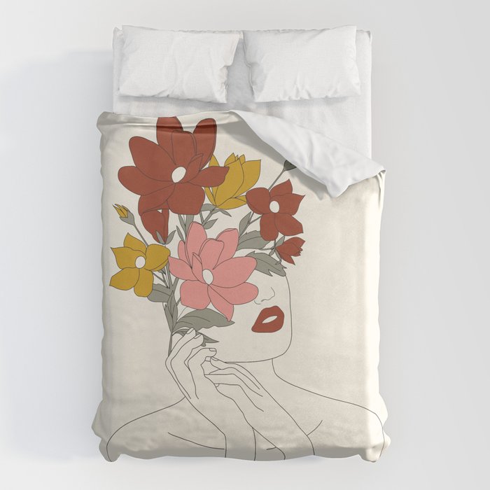 Colorful Thoughts Minimal Line Art Woman with Magnolia Duvet Cover Gallery Image 6