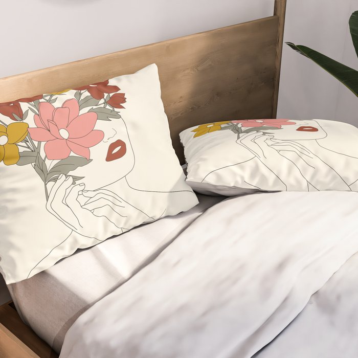 Colorful Thoughts Minimal Line Art Woman with Magnolia Pillow Sham Gallery Image 2