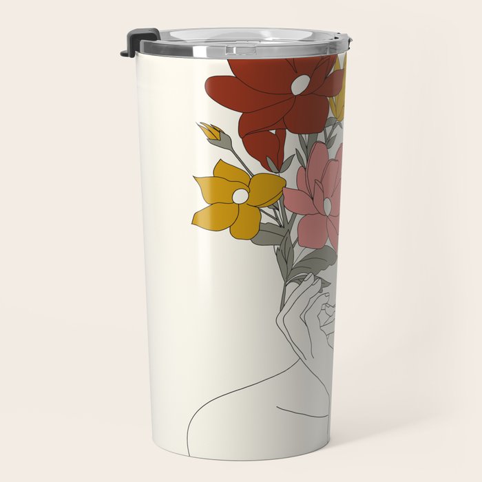Colorful Thoughts Minimal Line Art Woman with Magnolia Travel Mug Gallery Image 3