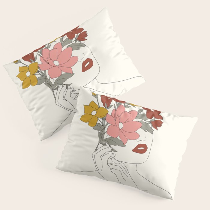 Colorful Thoughts Minimal Line Art Woman with Magnolia Pillow Sham Gallery Image 3