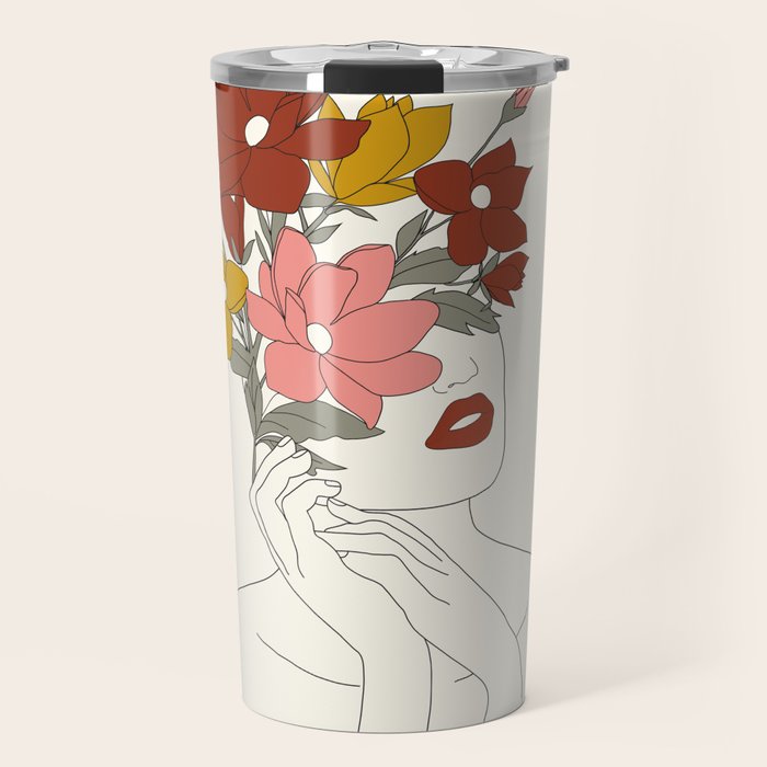 Colorful Thoughts Minimal Line Art Woman with Magnolia Travel Mug Gallery Image 1