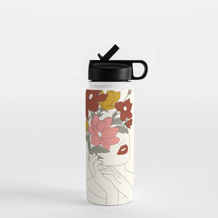 Colorful Thoughts Minimal Line Art Woman with Magnolia Water Bottle Gallery Image 1