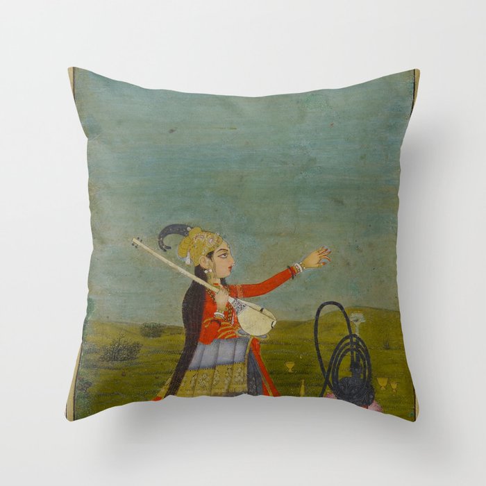 Female Musician Indian Painted Illustration Throw Pillow Gallery Image 6