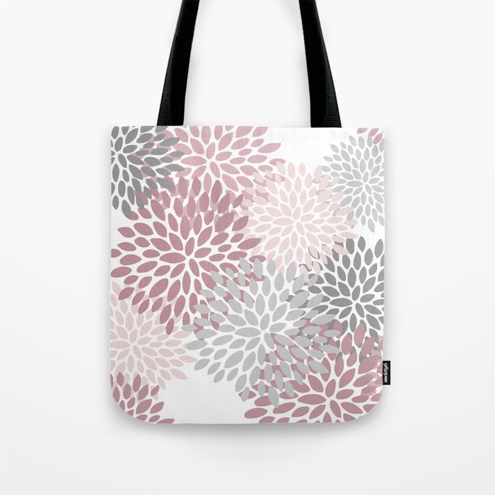 Floral Pattern, Pink, Gray and White Tote Bag Gallery Image 1