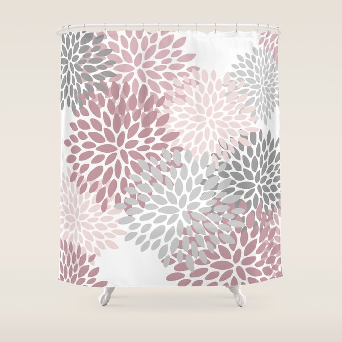 Floral Pattern, Pink, Gray and White Shower Curtain Gallery Image 1