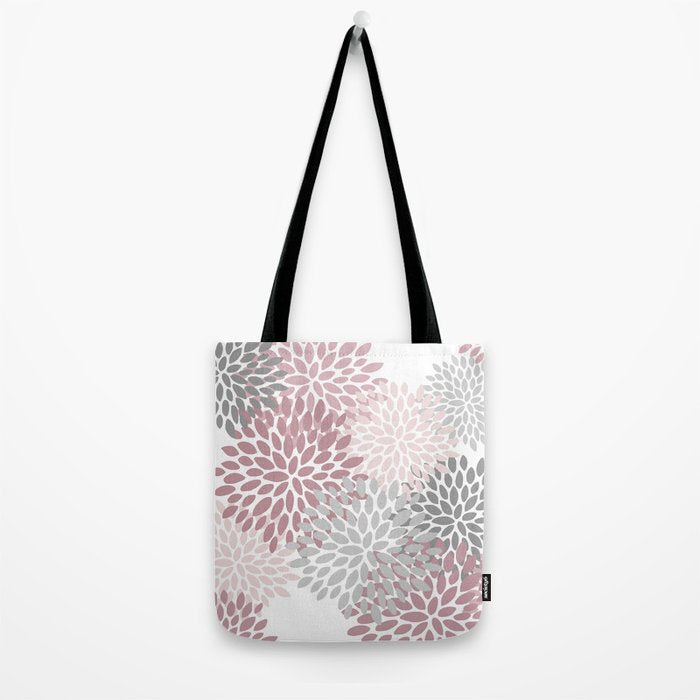 Floral Pattern, Pink, Gray and White Tote Bag Gallery Image 2