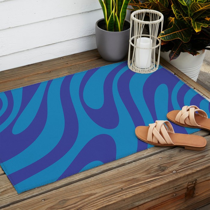 Wavy Loops Retro Contemporary Pop Pattern in Bold Blue Outdoor Rug Gallery Image 2