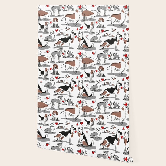 Woof endless love // white background red hearts continuous lined pair of dog breeds Wallpaper Gallery Image 2
