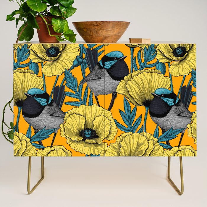 Fairy wren and poppies in yellow Credenza Gallery Image 1