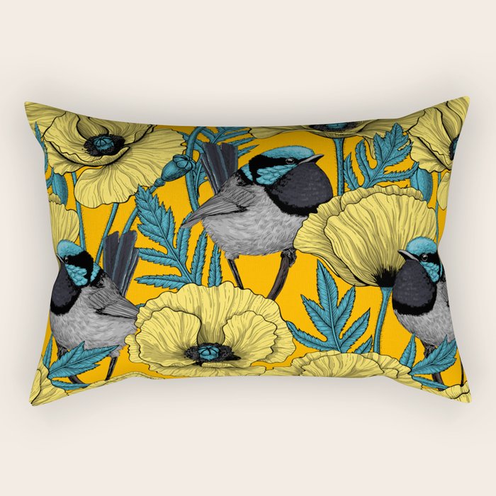 Fairy wren and poppies in yellow Rectangular Pillow Gallery Image 1