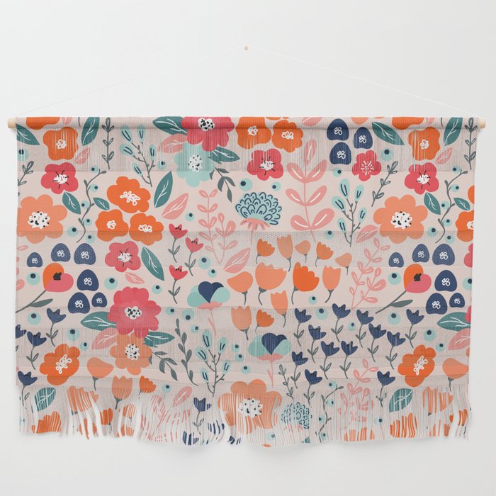 Ditsy Florals, Pink, Orange, Teal, Navy Wall Hanging Gallery Image 1