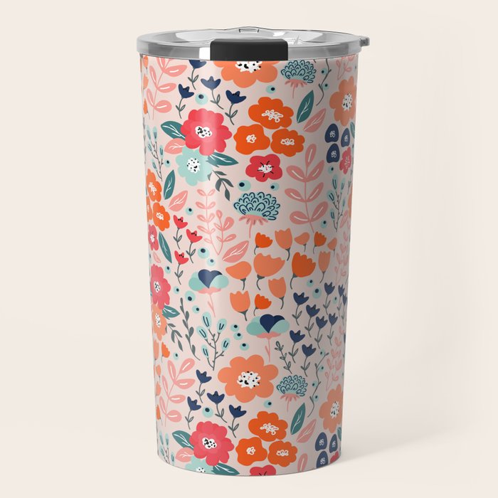 Ditsy Florals, Pink, Orange, Teal, Navy Travel Mug Gallery Image 1