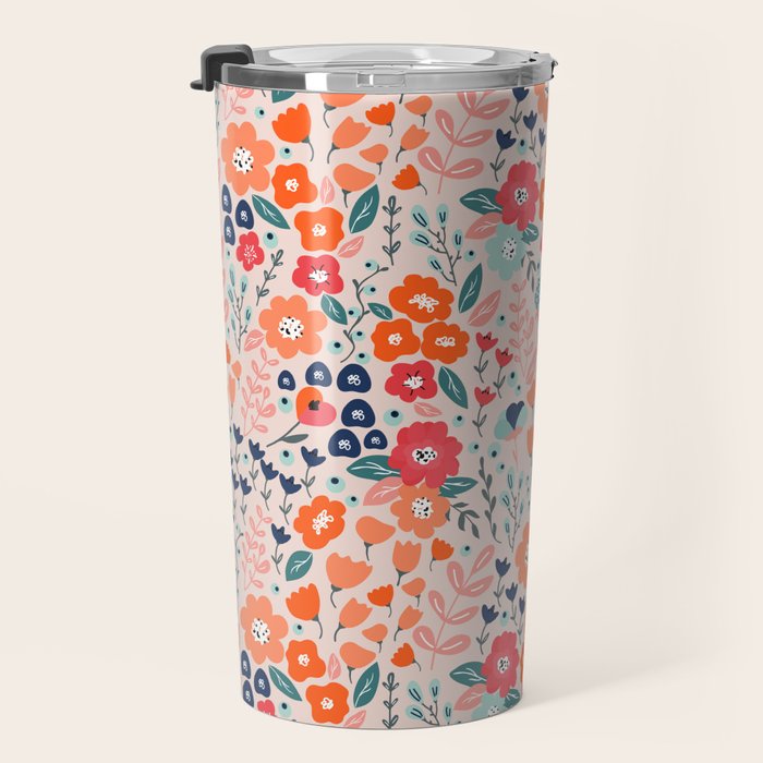 Ditsy Florals, Pink, Orange, Teal, Navy Travel Mug Gallery Image 3