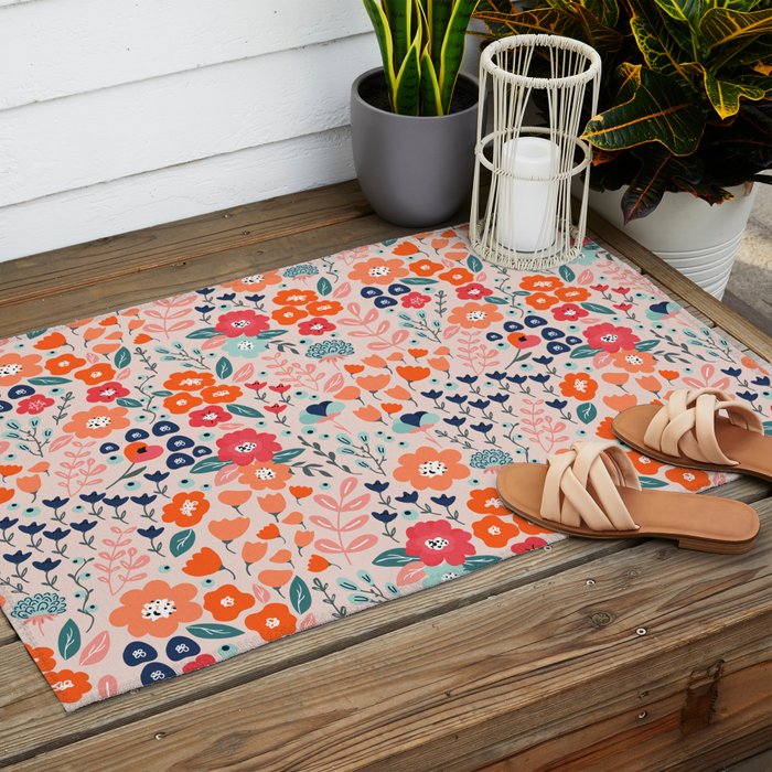 Ditsy Florals, Pink, Orange, Teal, Navy Outdoor Rug Gallery Image 2