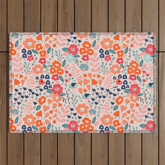 Ditsy Florals, Pink, Orange, Teal, Navy Outdoor Rug Gallery Image 1