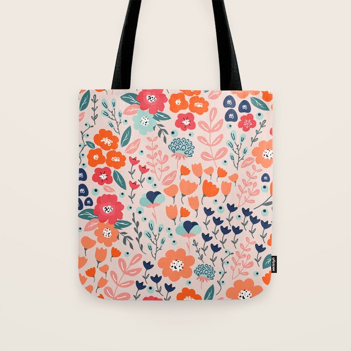 Ditsy Florals, Pink, Orange, Teal, Navy Tote Bag Gallery Image 1