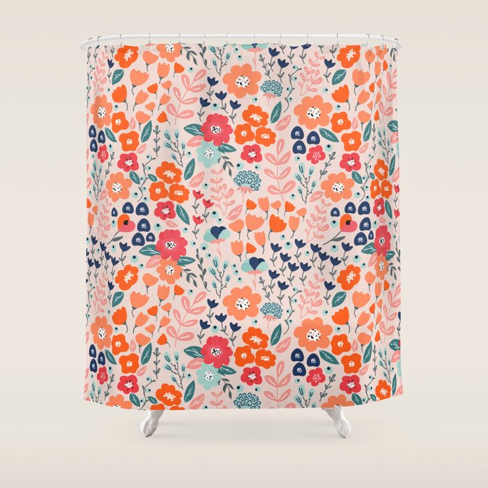 Ditsy Florals, Pink, Orange, Teal, Navy Shower Curtain Gallery Image 1