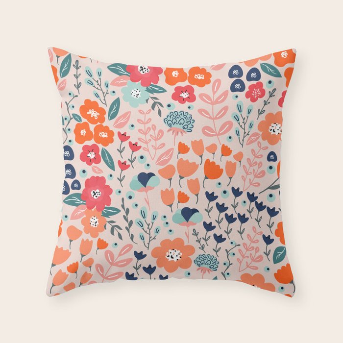 Ditsy Florals, Pink, Orange, Teal, Navy Throw Pillow Gallery Image 1