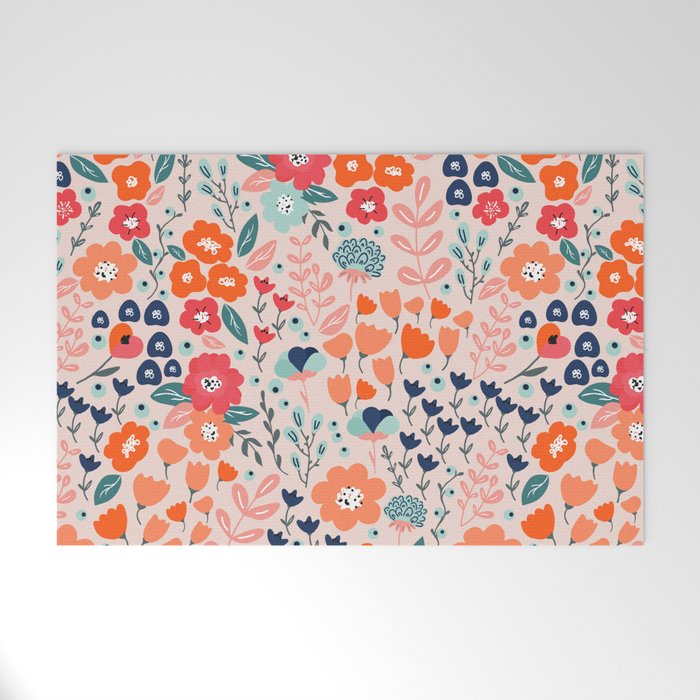 Ditsy Florals, Pink, Orange, Teal, Navy Welcome Mat Gallery Image 1