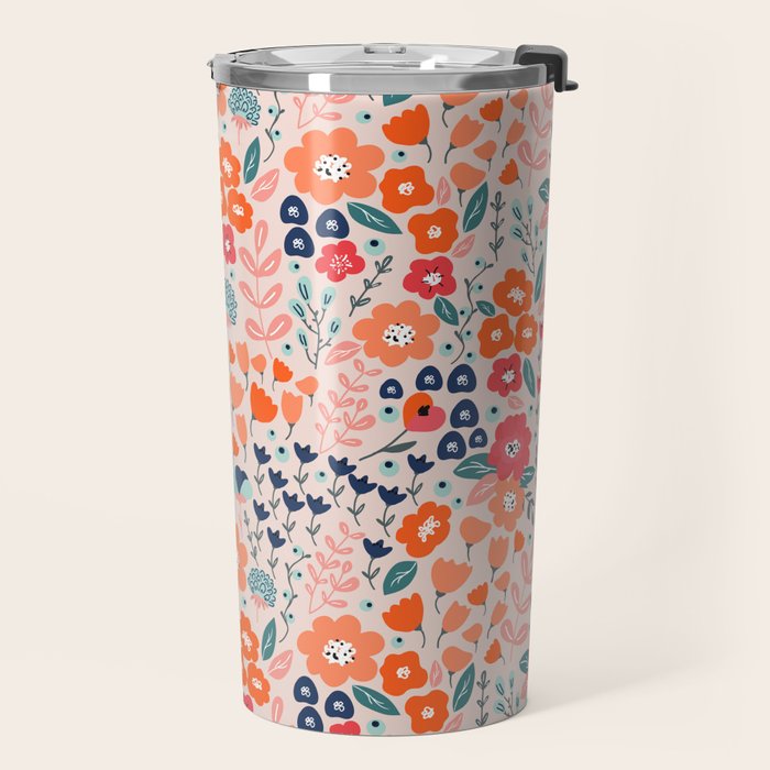 Ditsy Florals, Pink, Orange, Teal, Navy Travel Mug Gallery Image 2