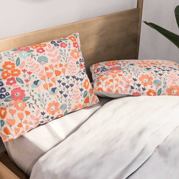 Ditsy Florals, Pink, Orange, Teal, Navy Pillow Sham Gallery Image 2