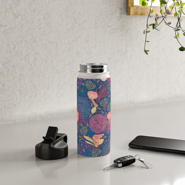 Forest Full of Wild Mushrooms in Navy Blue & Peach Water Bottle Gallery Image 5