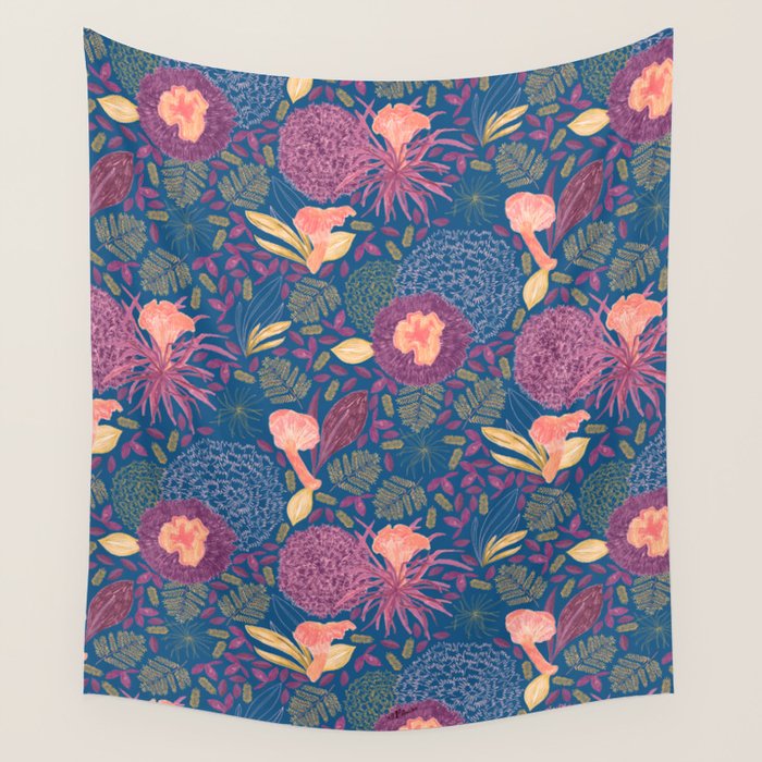 Forest Full of Wild Mushrooms in Navy Blue & Peach Wall Tapestry Gallery Image 4