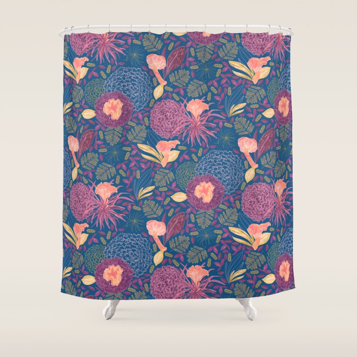 Forest Full of Wild Mushrooms in Navy Blue & Peach Shower Curtain Gallery Image 1