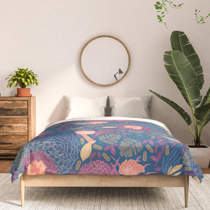 Forest Full of Wild Mushrooms in Navy Blue & Peach Comforter Gallery Image 3