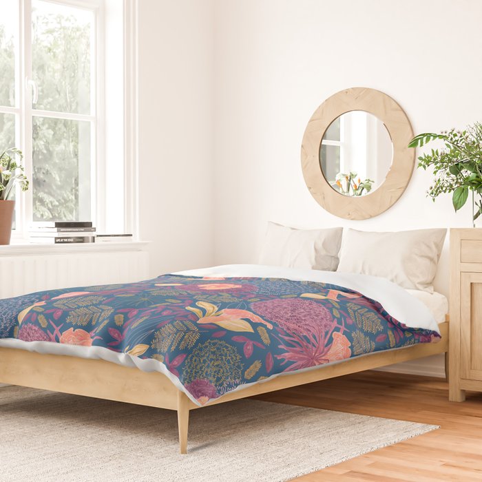 Forest Full of Wild Mushrooms in Navy Blue & Peach Duvet Cover Gallery Image 2