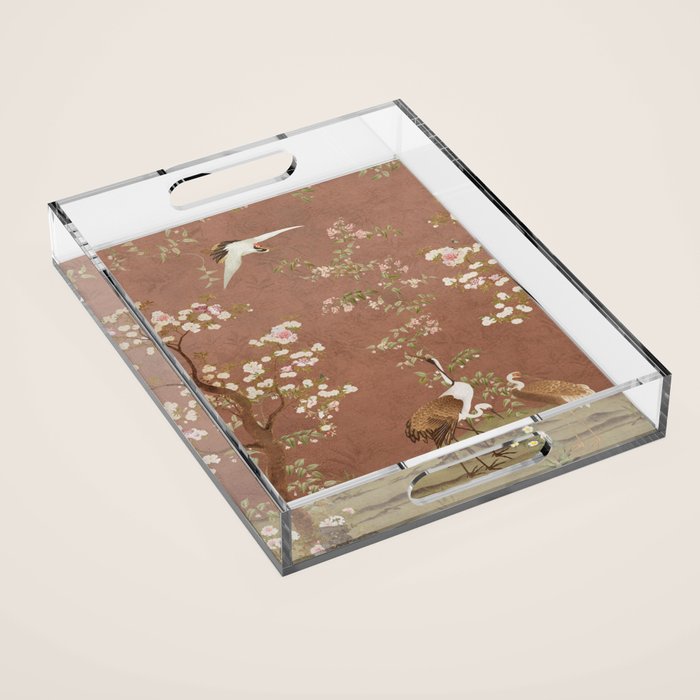Vintage chinoiserie birds and japanese blossom trees on terracotta Acrylic Tray Gallery Image 1