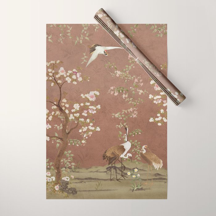 Vintage chinoiserie birds and japanese blossom trees on terracotta Wrapping Paper Gallery Image 1