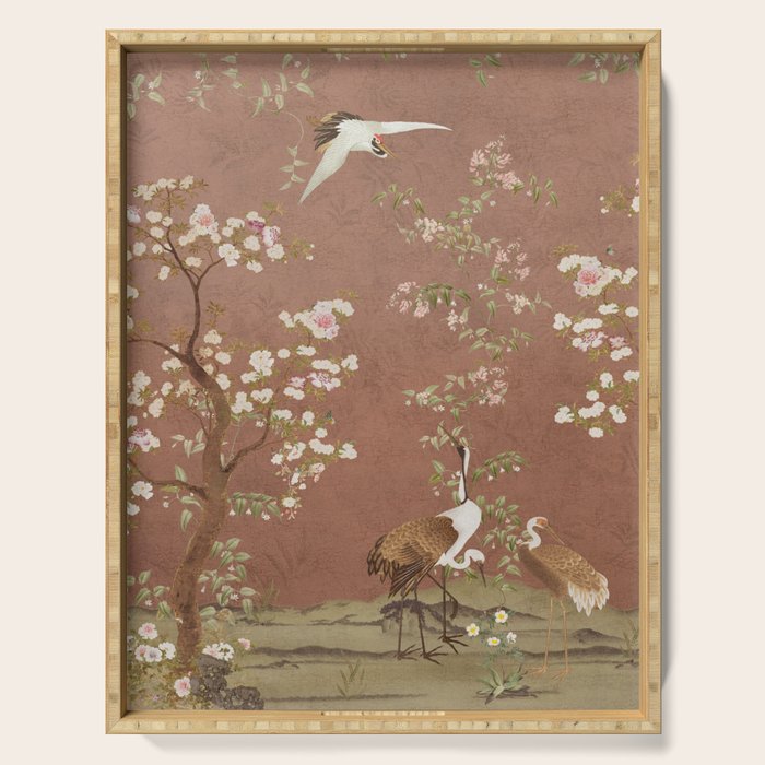 Vintage chinoiserie birds and japanese blossom trees on terracotta Serving Tray Gallery Image 1