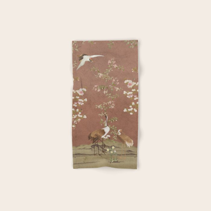 Vintage chinoiserie birds and japanese blossom trees on terracotta Bath Towel Gallery Image 1