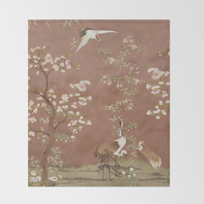 Vintage chinoiserie birds and japanese blossom trees on terracotta Throw Blanket Gallery Image 2
